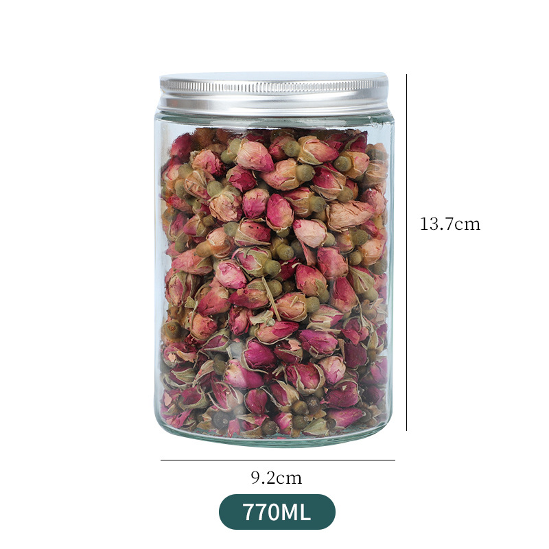 Botella de almacenamiento de vidrio redondo puro frasco de granos de vidrio sellado frasco de vidrio de almacenamiento de granos de té perfumado de frutas secas al por mayor