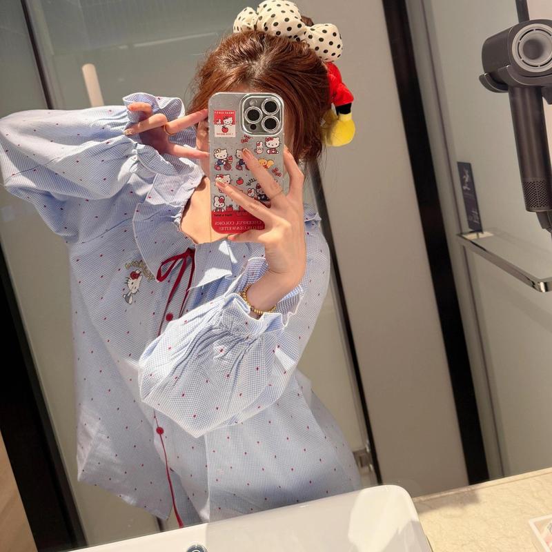 少女可爱HelloKitty睡衣女春秋新款蓝色花边长袖长裤家居服两件套|undefined