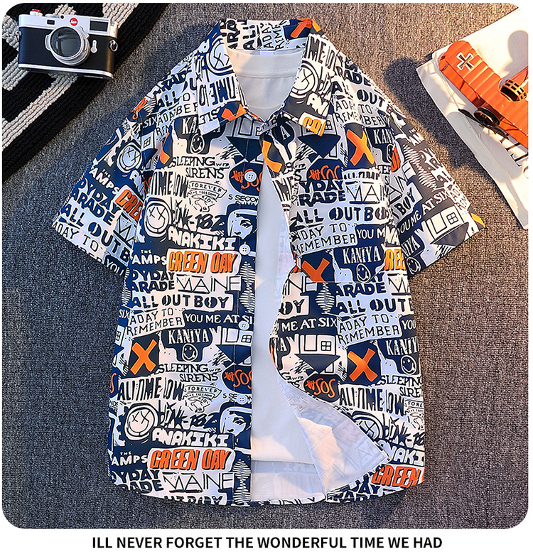 Men's Hawaiian Style Printed Short Sleeve Shirt Trendy Loose Casual Lapel Beach Wear_viptrois.com