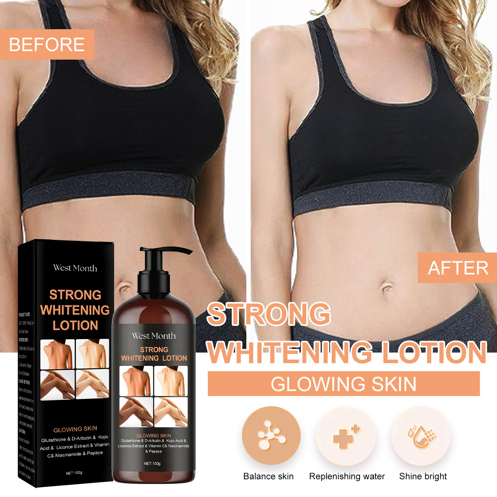 Λοσιόν σώματος West&Month Brightening για λεύκανση δέρματος, ενυδάτωση, λεύκανση και ομορφιά_voghion.com