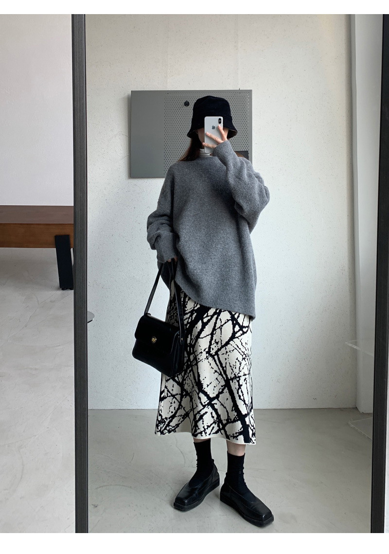 复古提花泼墨针织裙女 中长款文艺高腰包臀裙早秋新款加厚半身裙
