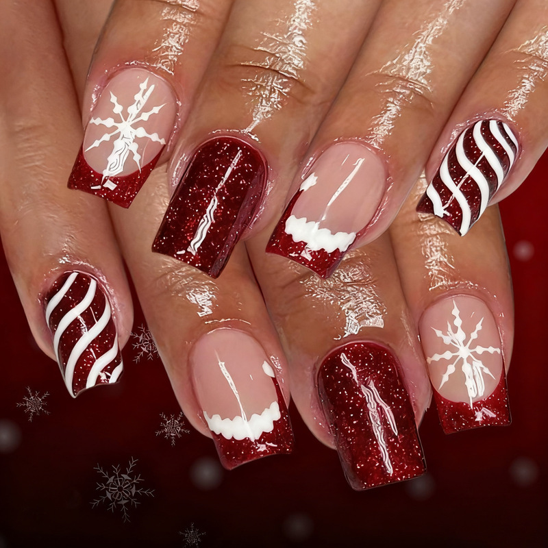 Foreign Trade Christmas Element Manicure Fake Nail Patch Snowflake Design Classic French Medium Square Wearable Nail
