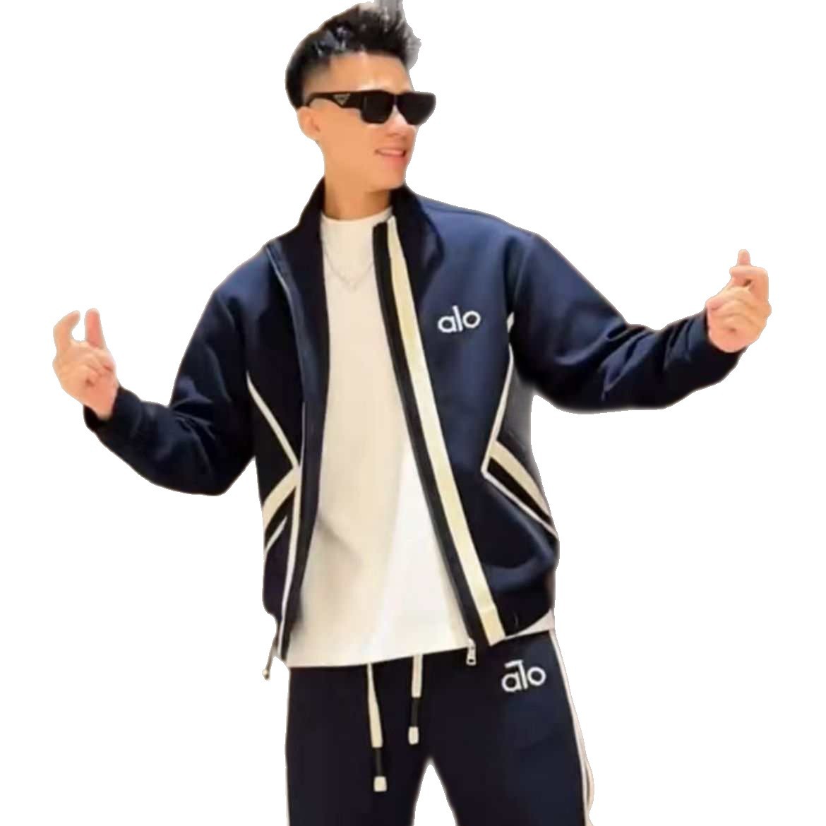 Otoño aire capa de moda letras cremallera chaqueta de cuello suelta pantalones rectos versátiles conjunto de empalme a rayas estadounidenses