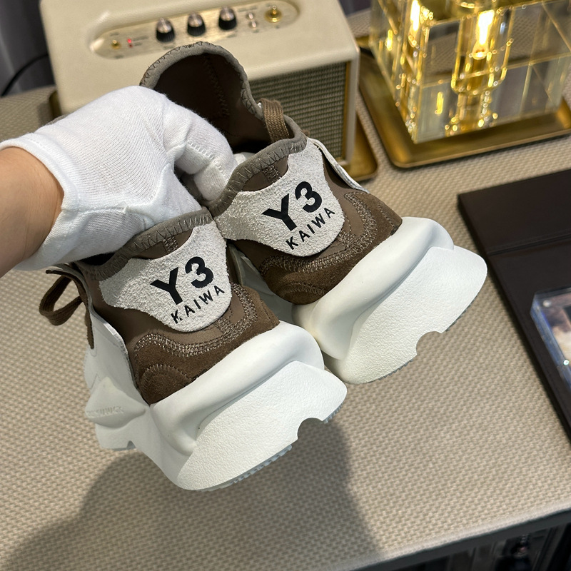 Y3 Daddy Shoes White Brown No Hole Classic Logo Lace-up Sneakers Men's High-grade Leather Casual Platform Shoes