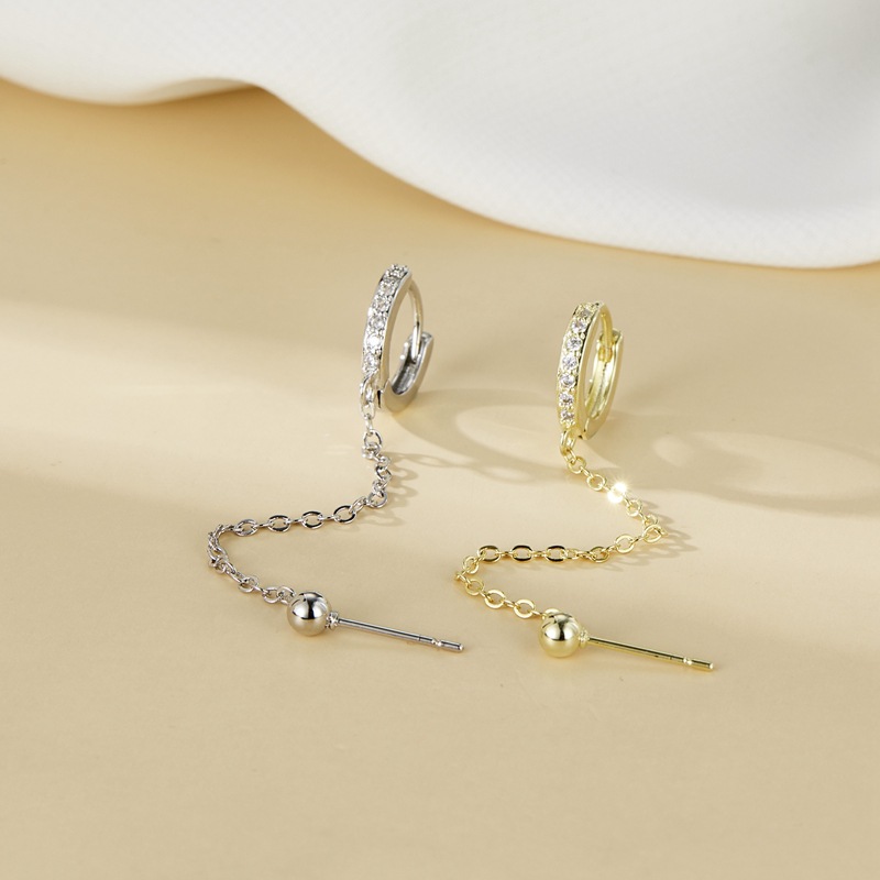 Pendientes de plata esterlina s925 anillo de diamantes de estilo japonés y coreano para mujer cadena personalizada pendientes de doble oreja pendientes elegantes estilo ins