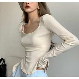 秋装新款U领纯色性感低领不规则修身长袖T恤女内搭打底衫上衣批发