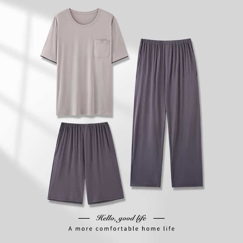 Men's Pajamas Thin Spring and Summer Modal Round Neck Pants Three-Piece Casual Loose Large Size Home Wear Set