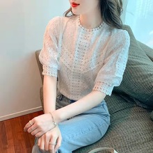 夏装2025年新款时尚百搭短袖雪纺衫女蕾丝上衣泡泡袖减龄洋气小衫
