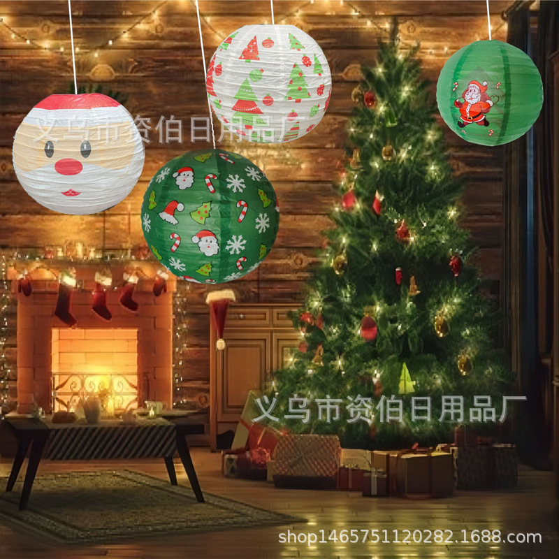 圣诞节纸灯笼 雪花圣诞树灯笼 30CM圆形灯笼酒吧商场场地布置道具|undefined