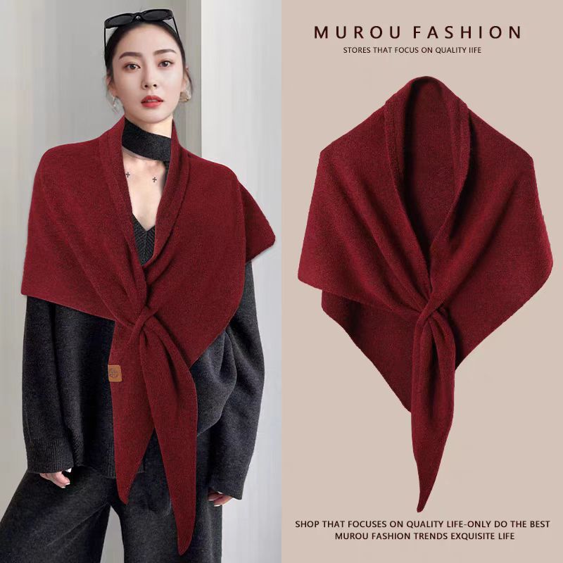 Xale grande triangular de lã mista, cor sólida, para mulheres, outono/inverno 2025, cachecol grosso de tricô para aquecer o pescoço._voghion.com