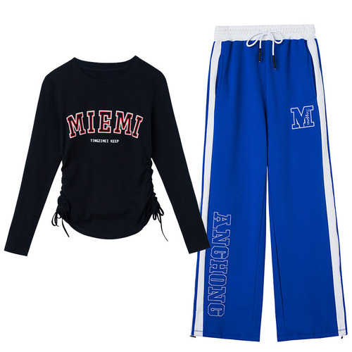 Square dance clothing spring and summer new long-sleeved drawstring tops wide-leg pants sports aerobics women's single piece