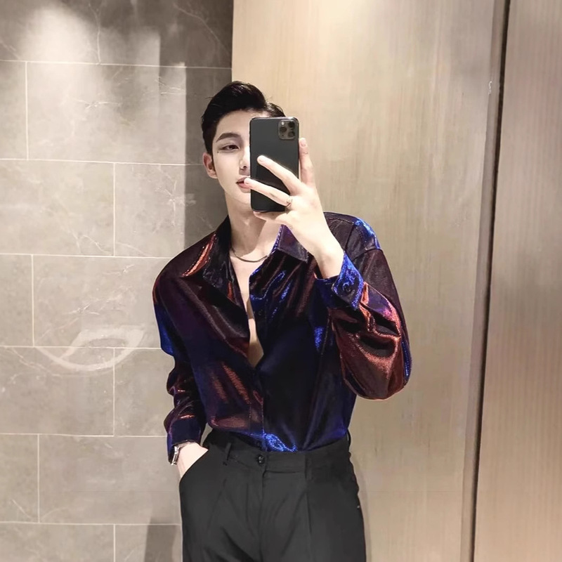 Futuristic Liquid Metal Shiny Shirt Men's Nightclub Hair Stylist Fashionable Long-Sleeved Stage Costsize Cool Shirt