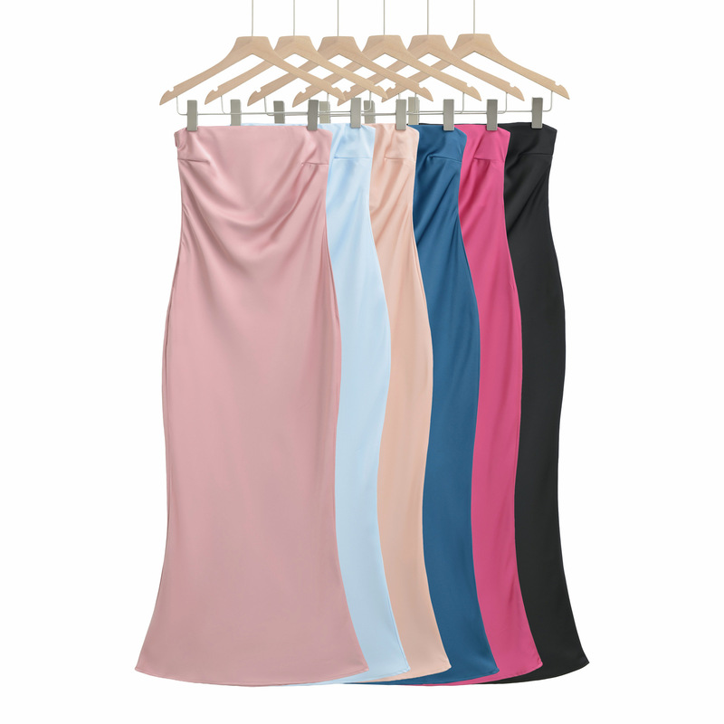 SY90920-26 Summer Vacation Style Strapless Slim-Fit Bodycon Satin Long Dress