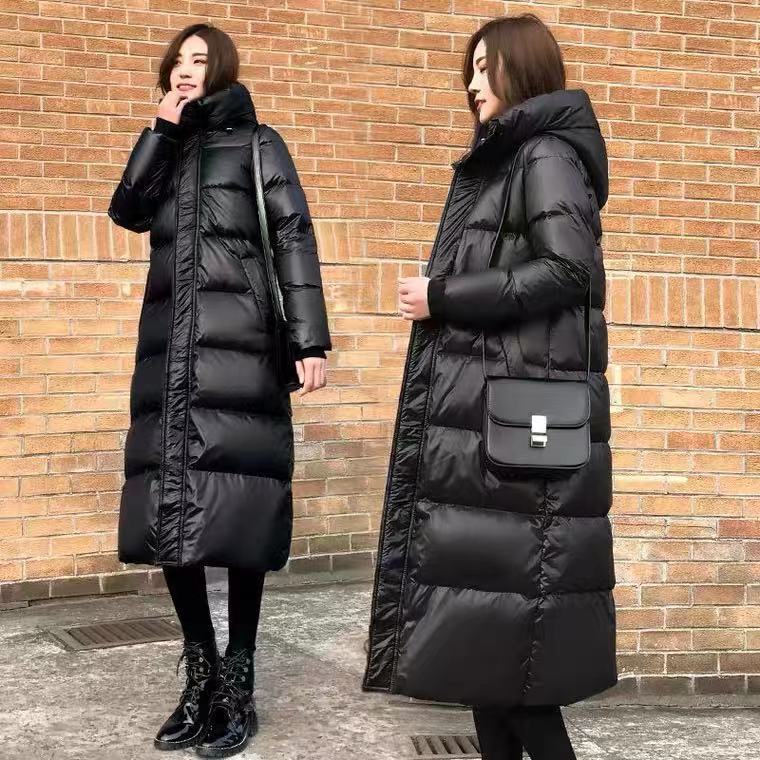2022 new bright black down cotton-padded jacket long knee-high padded Korean version of loose cotton-padded jacket coat cotton-padded women