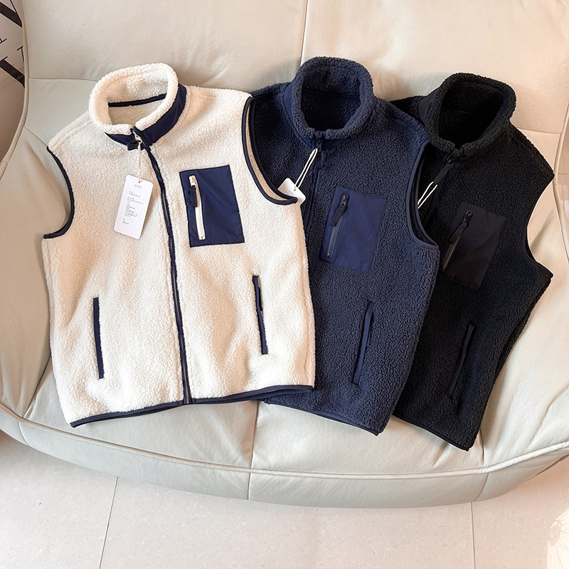 Vest Autumn and Winter Fleece Outdoor Warm Windproof Zipper Cardigan American Contrast Color Stand Collar Men's and Women's Casual Jacket