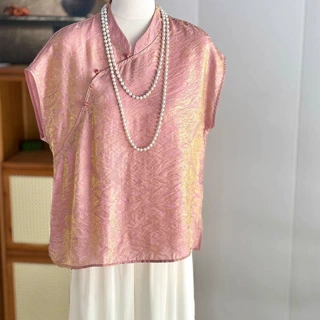夏季斜襟禅意茶服粉色新中式国风盘扣短袖小衫女宽松改良唐装上衣