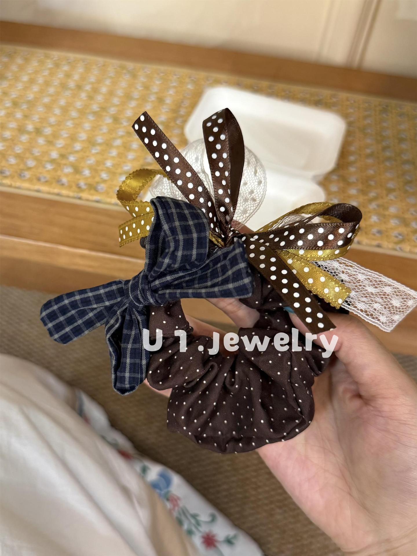 Youyijia stylish and unique double-layer bow hair tie, colorful polka dot plaid, girl's ponytail hair accessory