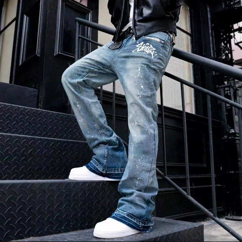 Cross-Border Men's Fashion Brand Workwear Graffiti Lettering Heavy Wash Denim Jeans White Ink-Splashed Design Designer Style Cross-Border Men's Fashion Brand Workwear Graffiti Lettering Heavy Wash Denim Jeans White Ink-Splashed Design Designer Style