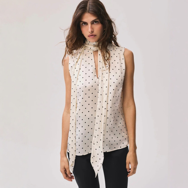Cross-Border European and American Fashion New Style French Polka Dot Vest Shirt Summer Commuting Style Sleeveless Lace-Up Chiffon Top for Women