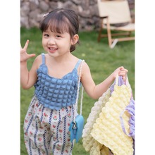 夏季韩版中小童上衣女宝宝儿童纯色针织吊带衫可爱泡泡格童服批发