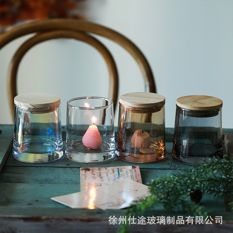 Tazas de vidrio de colores transfronterizas en forma de T tazas de vela decorativas creativas para el hogar con tazas vacías cubiertas al por mayor