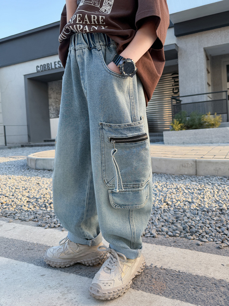 A502 Boys Denim Pocket Zipper Workwear Wide Leg Pants New Children's Miscellaneous European And American Jeans_voghion.com