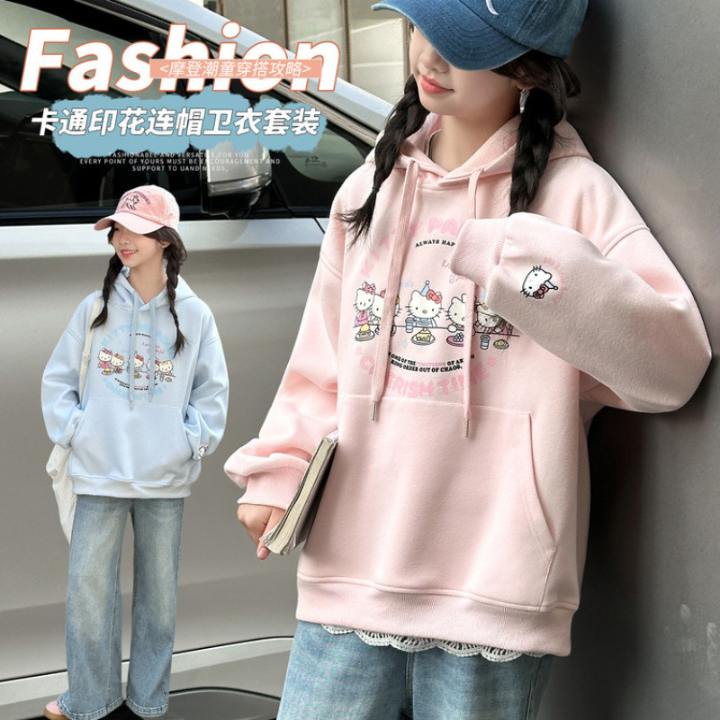 Zhili children's clothing girls' sweatshirt 2026 new style, this year's popular hot-selling style for medium and large children, hooded Korean style with front pockets and cartoon design.