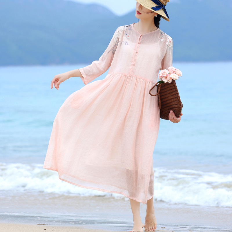 Summer 2025 New Embroidery Stir-fried Color Ramie Art dress Women's Zen Retro Lightweight Loose Long Dress