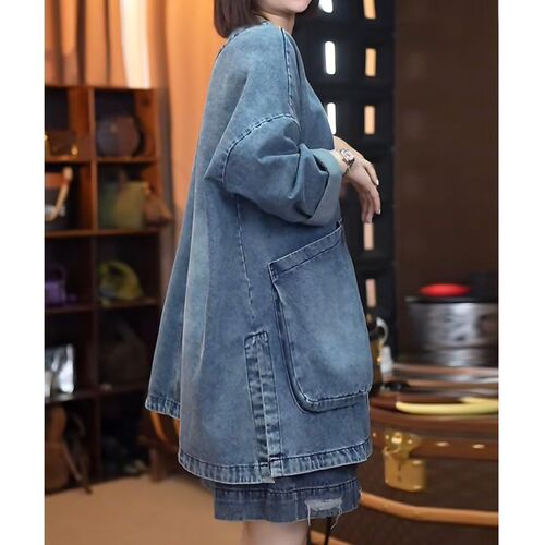 Spring large size new retro casual denim washed coat parquet all-matching artistic loose top cardigan