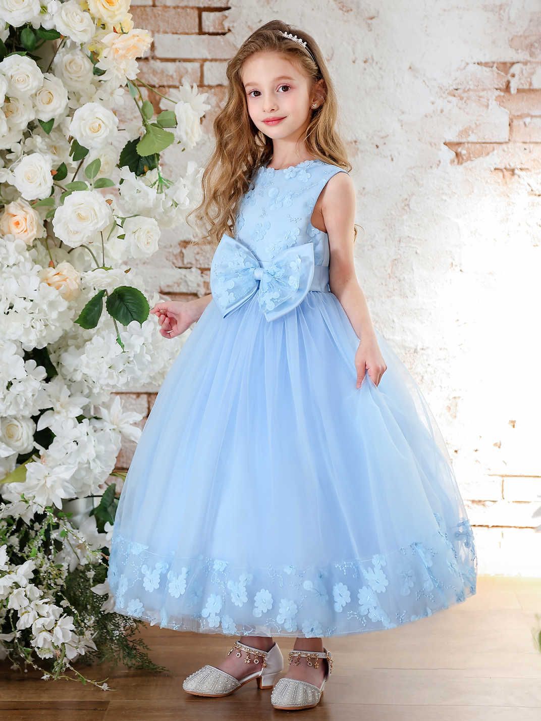 Vestido transfronterizo para niños de Amazon, vestido de novia para niñas, vestido de princesa para niñas, vestido de encaje azul para niños