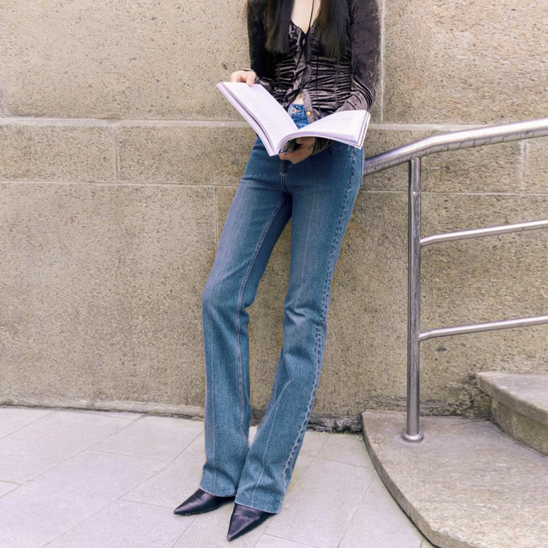 李少女~棉质中褶线高腰长款蓝色窄版直筒显瘦美式拖地牛仔裤女