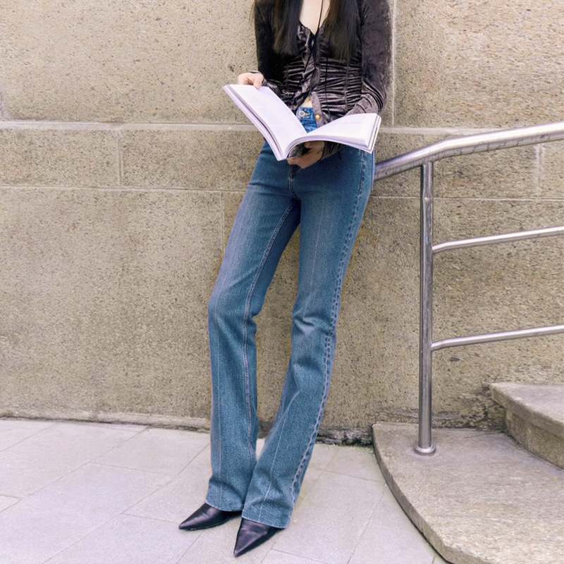 Li Girl~Cotton Mid-Pleat High-Waisted Long Blue Narrow Straight-Leg Slim American Floor-Length Jeans for Women