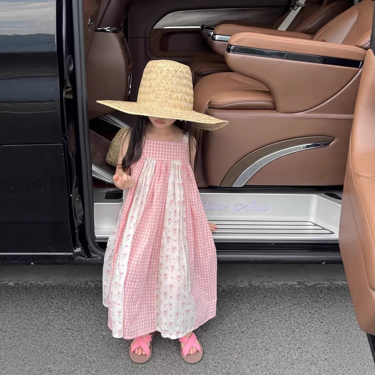 2026 Summer New Style Korean Children's Clothing Girls' Vacation Style Pink Plaid Floral Patchwork Strap Dress Tank Dress