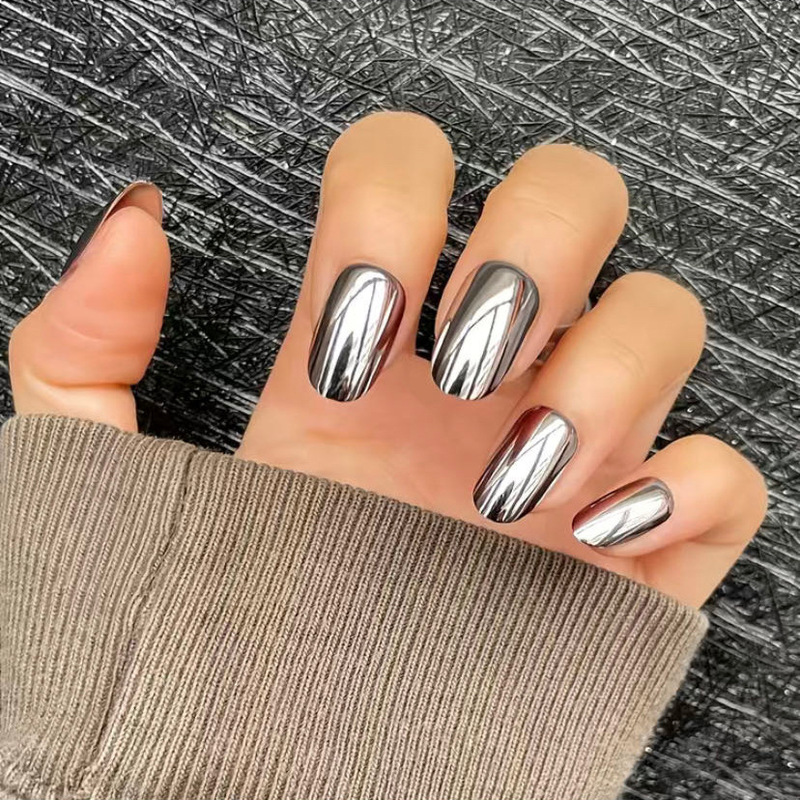 Silver Mirror Wearable Nails Ins Popular Same Style Fake Nails Finished Product Wholesale Oval Pure Color Cross-Border