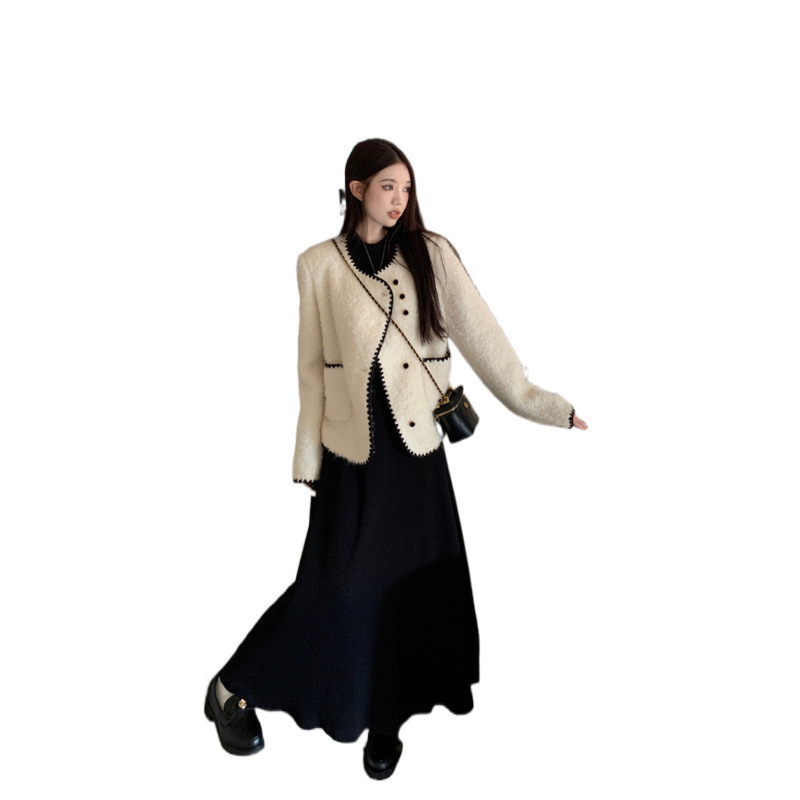 配大衣长袖针织连衣裙女秋冬2025新款小众法式慵懒风内搭打底长裙|undefined