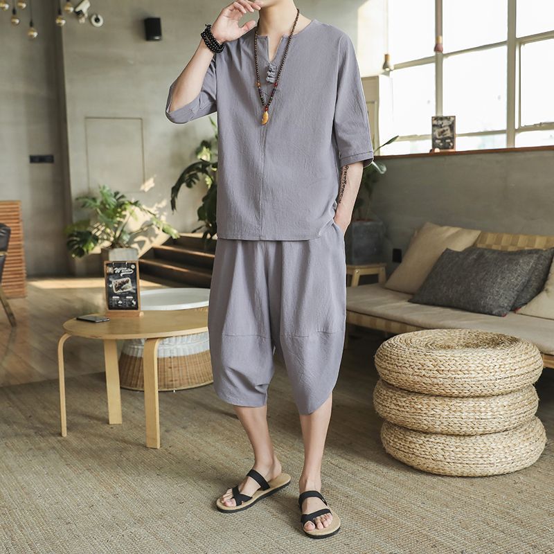 Nuevo traje de lino de verano para hombre Camiseta de estilo chino de manga corta de dos piezas de gran tamaño pantalones recortados sueltos para hombre