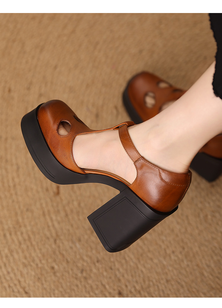 Sandal nữ đế xuồng platform gót vuông phong cách vintage khóa kim loại — màu nâu, màu đen chi tiết 14