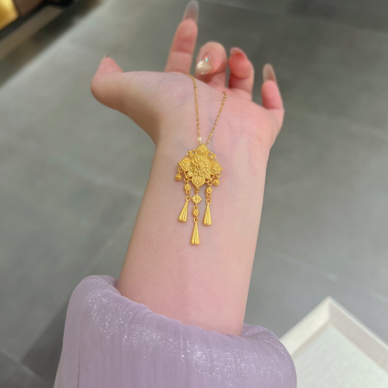 足银999.9镀金金店同款古法金色宝相花流苏耳钩女士时尚百搭婚嫁|undefined