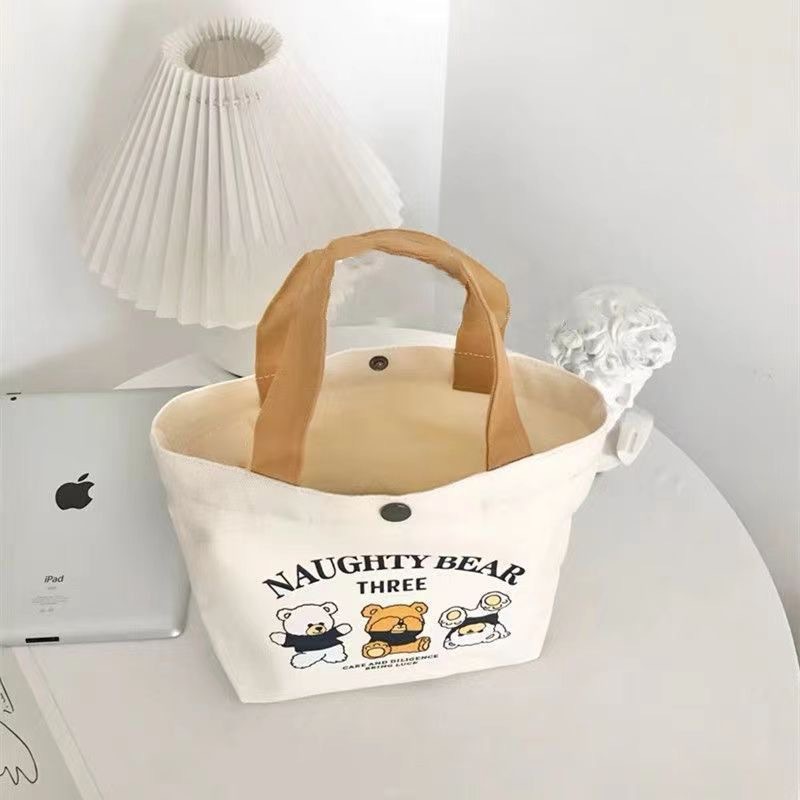 Nueva bolsa de lona de oso, bolsa de lonchera para estudiante, oficina, simple bento, bolsa de algodón portátil, descuento