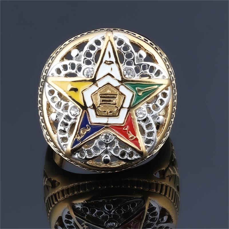 European and American Best-Selling Stainless Steel Resin-Encrusted Diamond Five-Pointed Star Ring, Masonic Eastern Star Hollow Enamel Ring