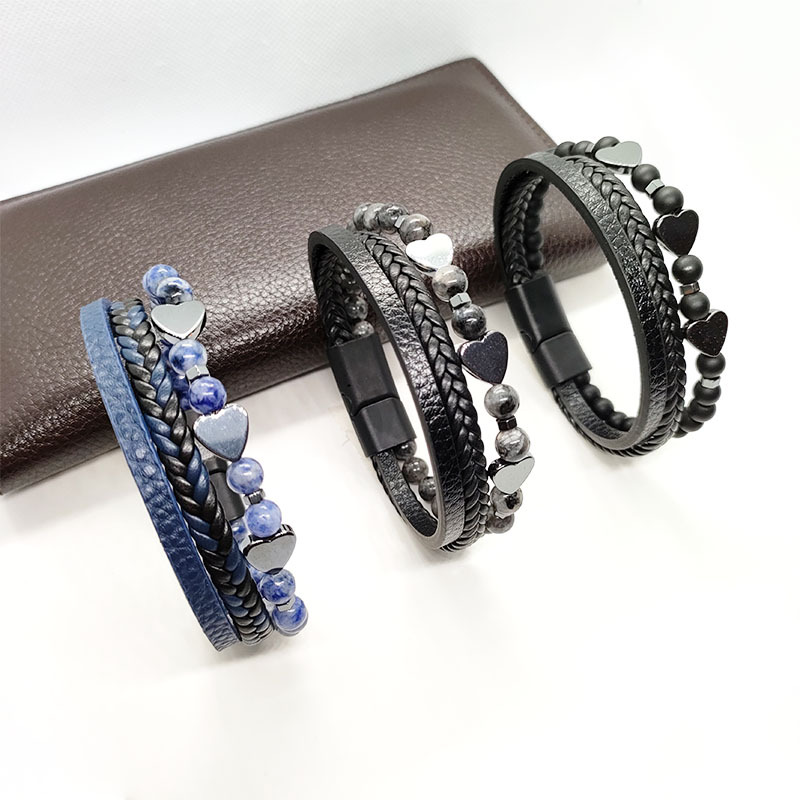 29g Weight Bracelets Classification Leather Rope Chain Material Twisted Rope Chain Chain Type 1 Piece Quantity Holiday, Daily Occasion Alloy, black gallstone Material Heart Shape Pattern All Seasons Season Men's Gender Retro Style Retro Heart Shape Alloy Black Gallstone Men's Bracelets Men Cord & Leather Bracelets 3