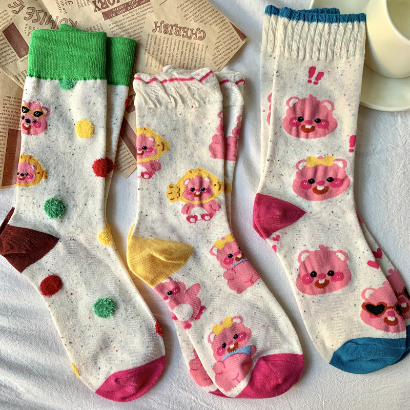 Loopy Pure Cotton Socks Women's Mid-Tube Little Beaver Ruby Cute Pink Girl Heart Pile Ins Trendy Cotton Socks Cartoon