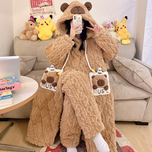 亲子装睡衣女冬季三层夹棉珊瑚绒加绒加厚母女款可外穿家居服套装