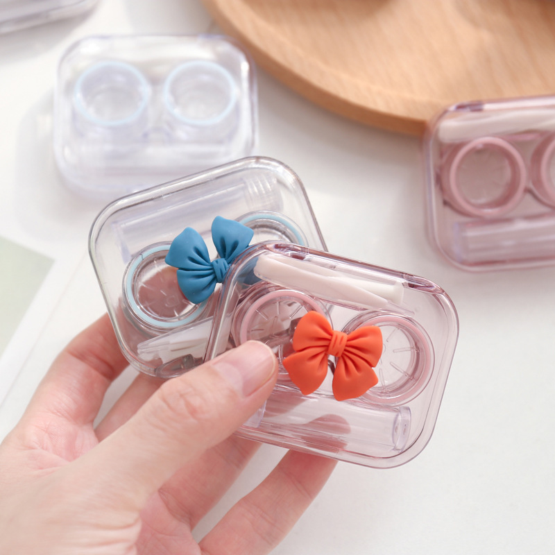 Candy-Colored Bow-Shaped Contact Lens Case, Cartoon Cute Girl Companion Case, Portable Transparent Twist-Free Lid Care Box