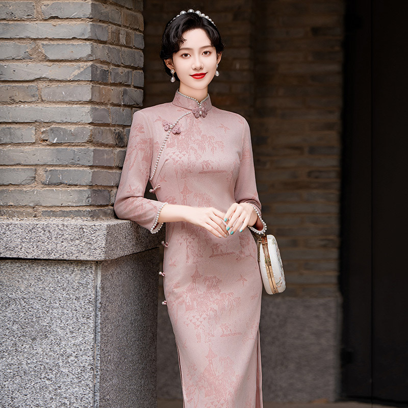 國風日常改良旗袍2024新款年輕款女復古修身中長袖平時可穿春秋裝