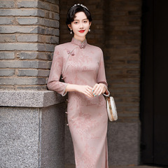 國風日常改良旗袍2024新款年輕款女復古修身中長袖平時可穿春秋裝