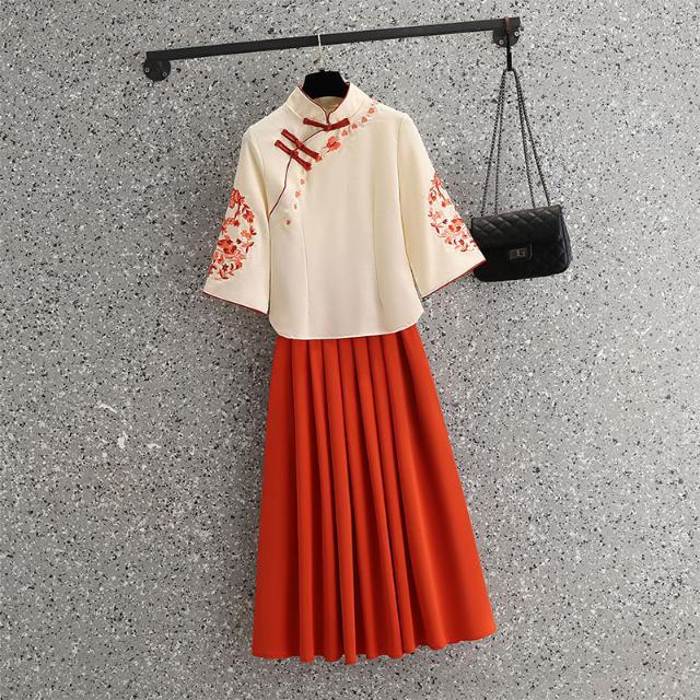 Chinese-style Tang suit embroidered cheongsam retro literary style modified plus size slimming tea dress stand collar top and skirt two-piece set
