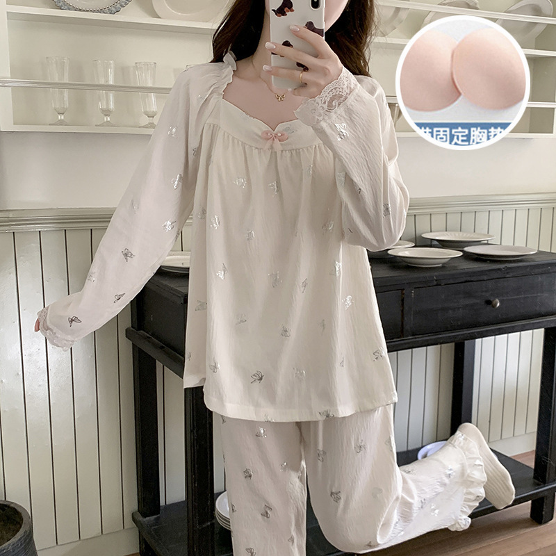 带胸垫睡衣女款春秋季甜美公主风薄款长袖长裤宽松少女家居服套装|undefined