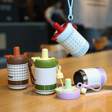 创意格纹双饮咖啡杯男女生家用办公不锈钢保温杯户外带提绳随行杯