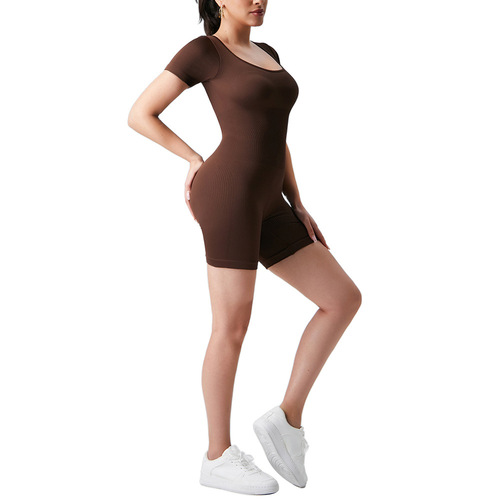 Cross-border European and American new nude yoga short-sleeved one-piece training aerial yoga one-piece suit dropshipping
